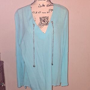 NWT MICHAEL KORS Women's Light Blue V-Neck Top Silver Chain Drawstring Logo L